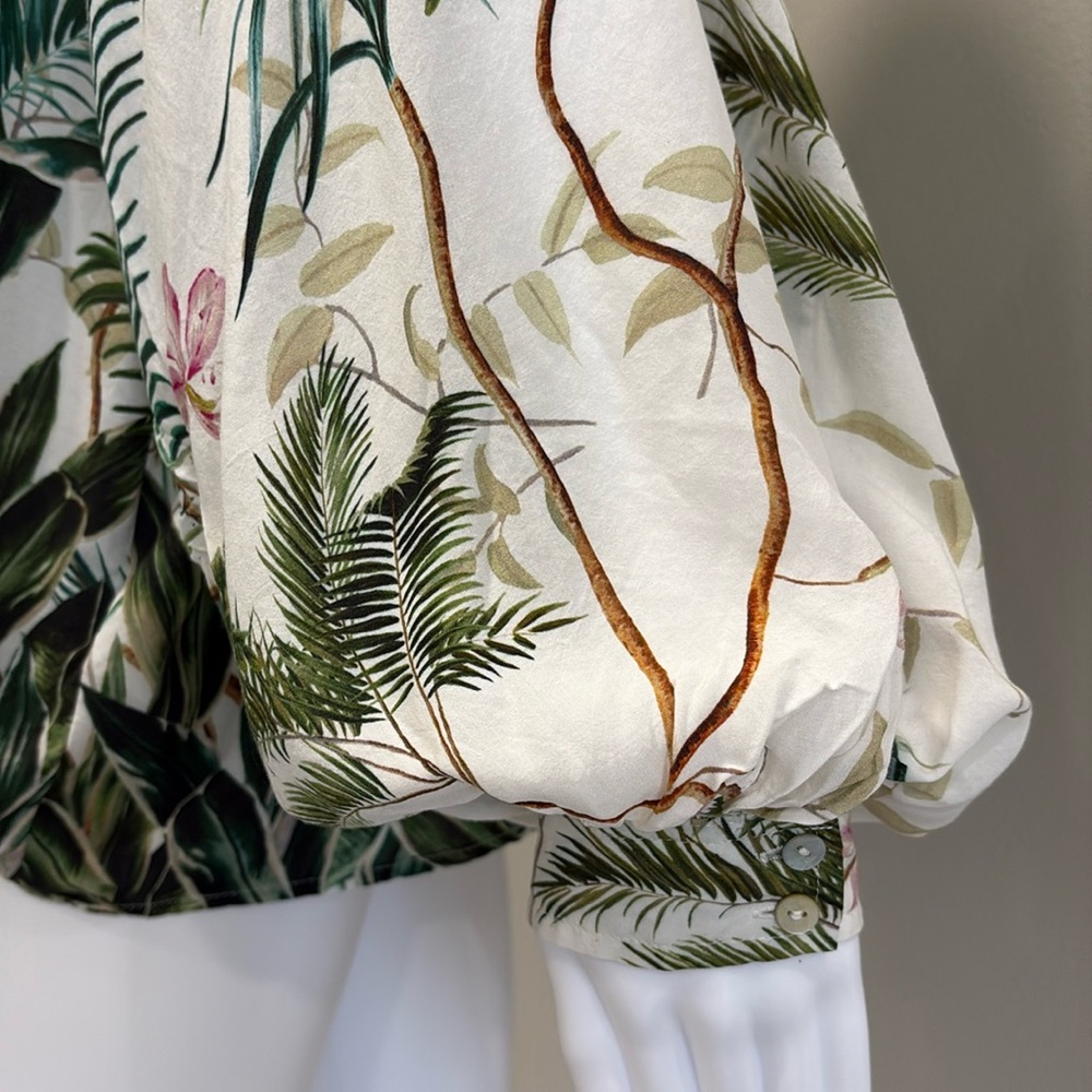 H&M Jungle Floral Print Blouse Womens Size 14 Balloon Sleeve 1/2 Placket Popover - Picture 11 of 16